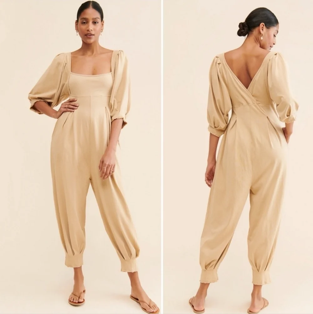 Free People Beige Jumpsuit with‎ Puff Sleeves